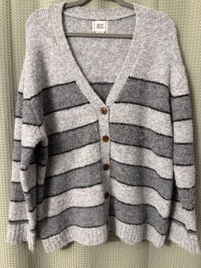 BDG Light Gray and Dark Gray Striped V-Neck Button Cardigan